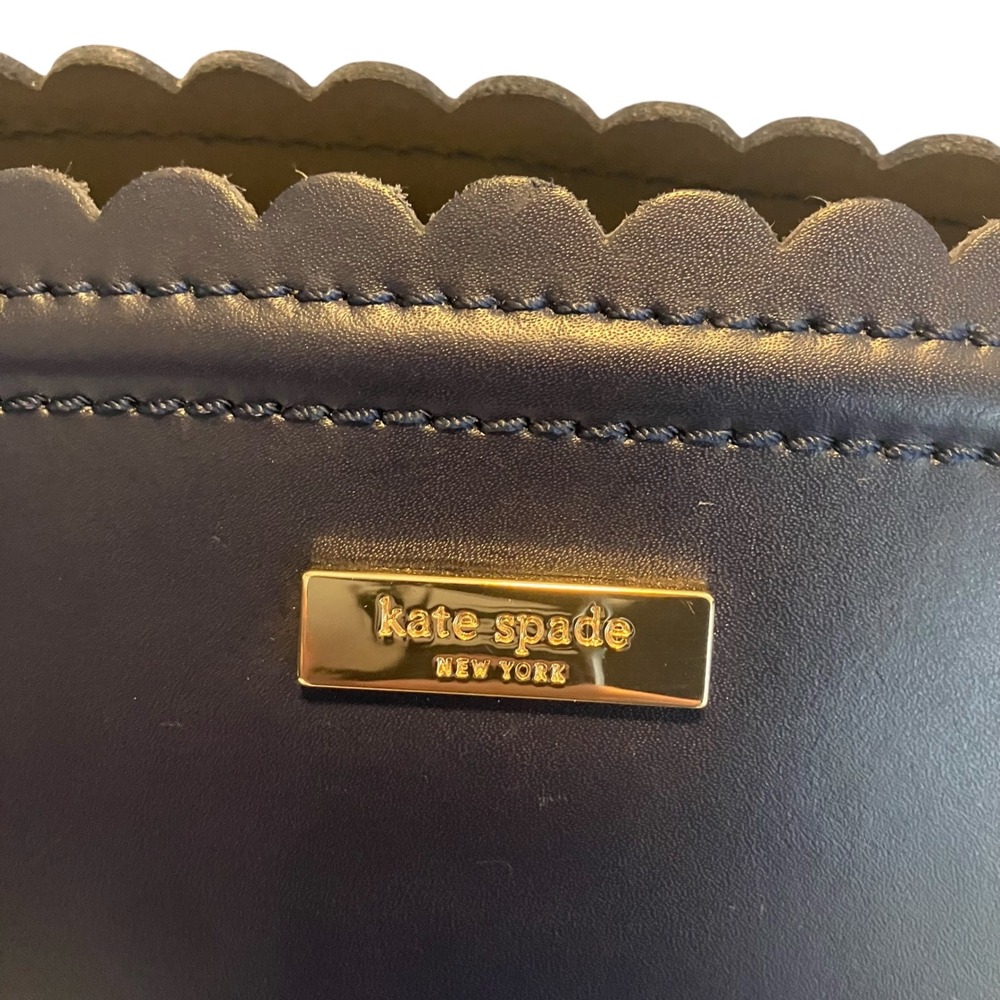 Kate Spade New York Scalloped Tote Bag Black Leather Natural Canvas Top Zip‎ - Picture 4 of 5